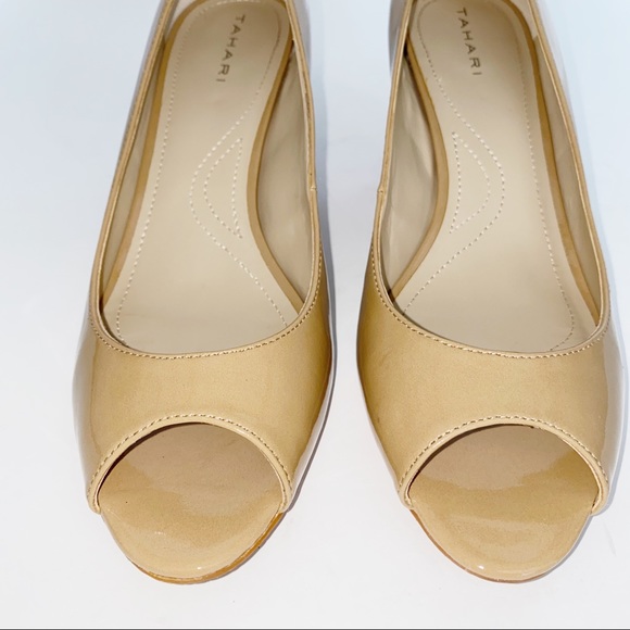 Tahari | Open Toe Camel Patent Pumps 10 - Picture 4 of 11